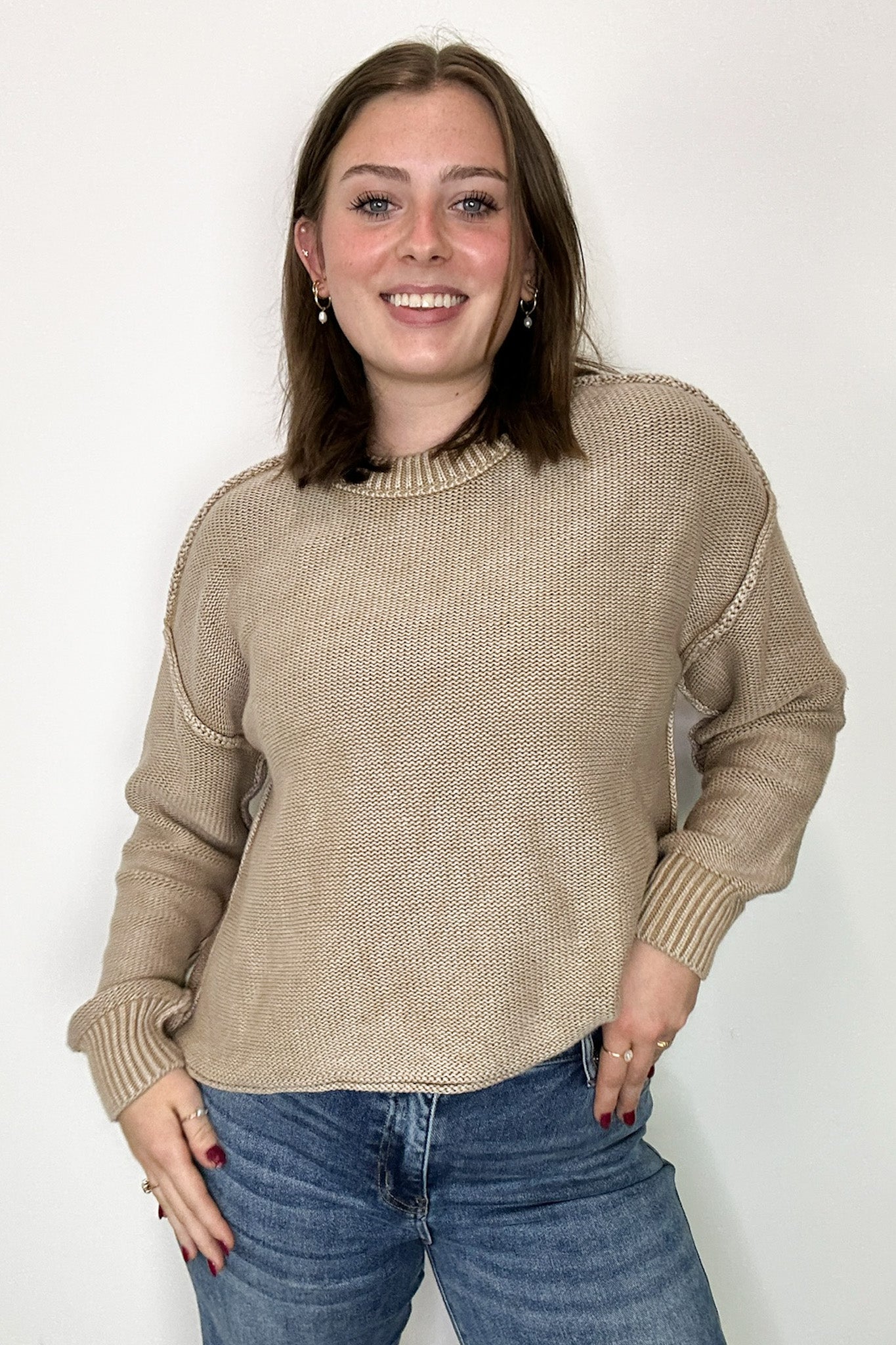 Ash Mocha / S Cool Nights Acid Wash Exposed Seam Sweater - FINAL SALE - Madison and Mallory
