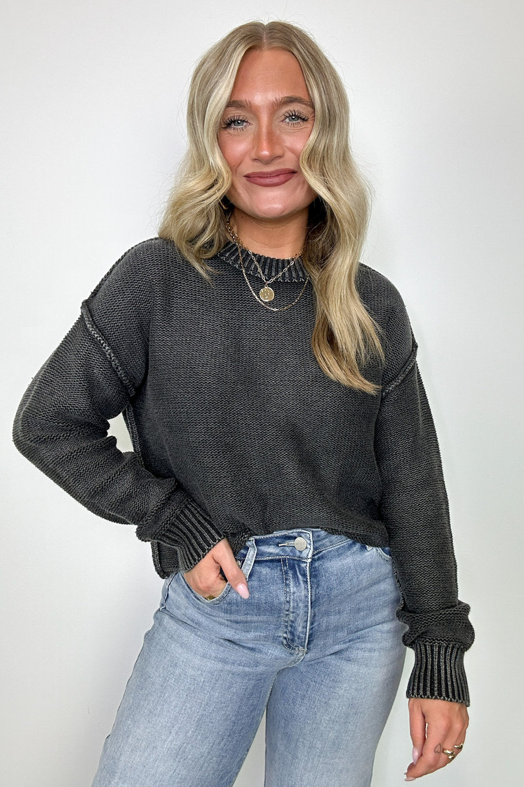 Black / S Cool Nights Acid Wash Exposed Seam Sweater - FINAL SALE - Madison and Mallory