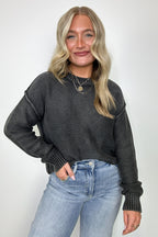 Black / S Cool Nights Acid Wash Exposed Seam Sweater - FINAL SALE - Madison and Mallory