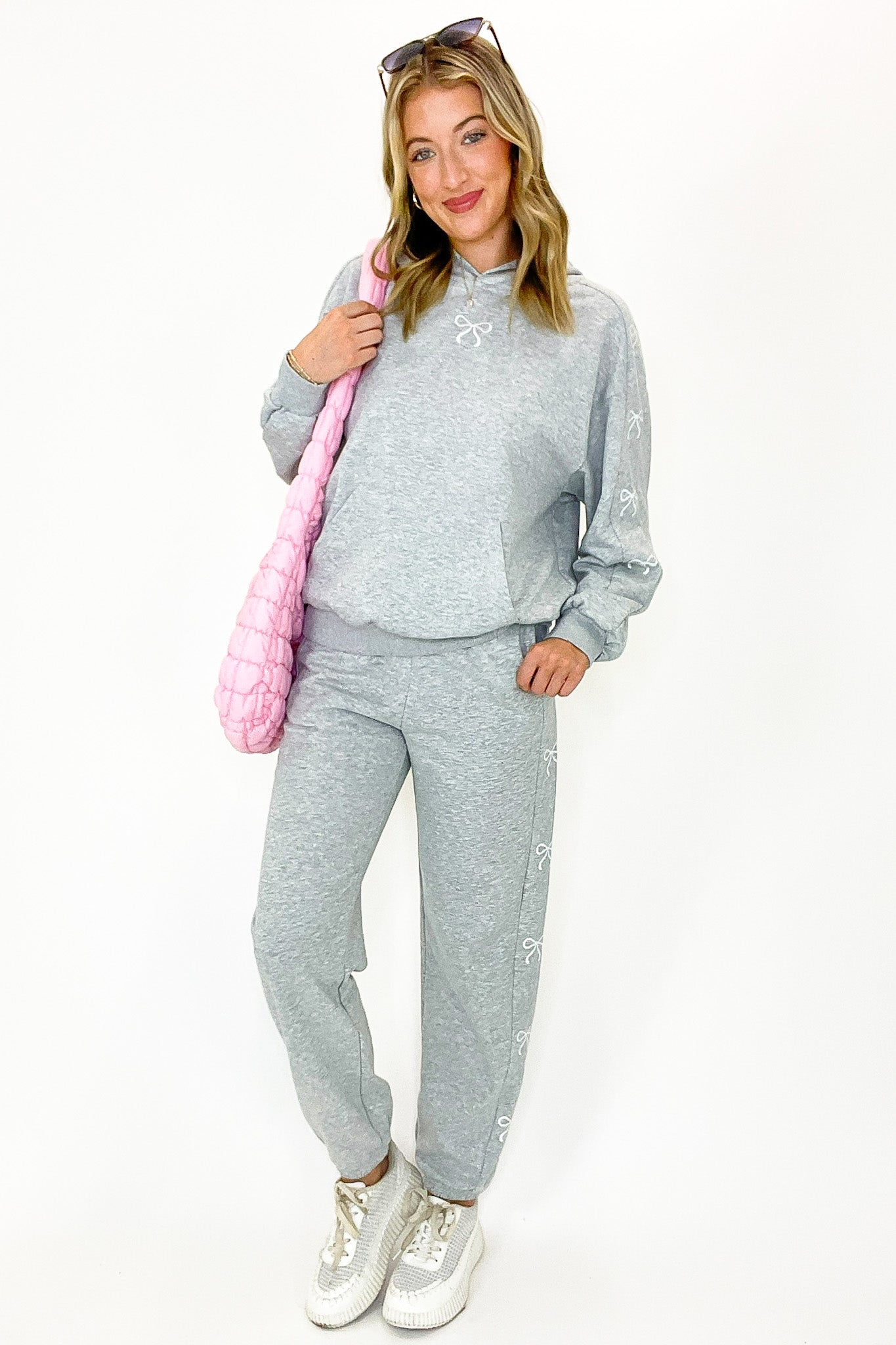 Coquette Comfort Bow Embroidered Hooded Sweatshirt and Jogger Set - Madison and Mallory