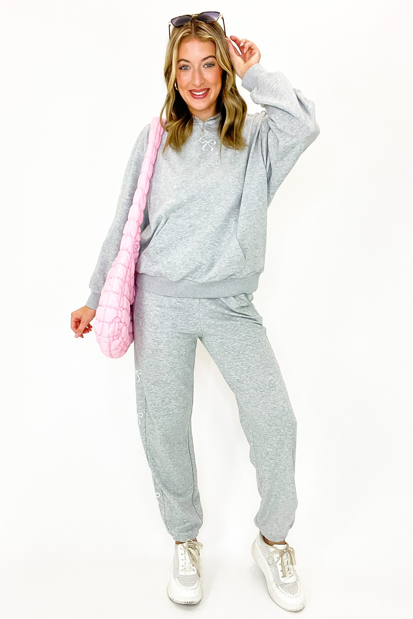 S / Heather Gray Coquette Comfort Bow Embroidered Hooded Sweatshirt and Jogger Set - Madison and Mallory
