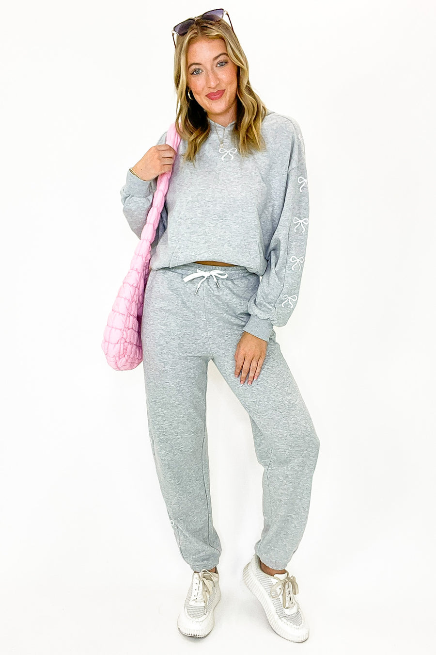 Coquette Comfort Bow Embroidered Hooded Sweatshirt and Jogger Set - Madison and Mallory
