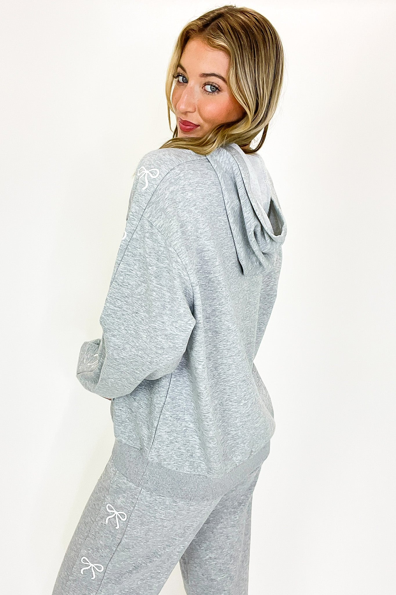 Coquette Comfort Bow Embroidered Hooded Sweatshirt and Jogger Set - Madison and Mallory