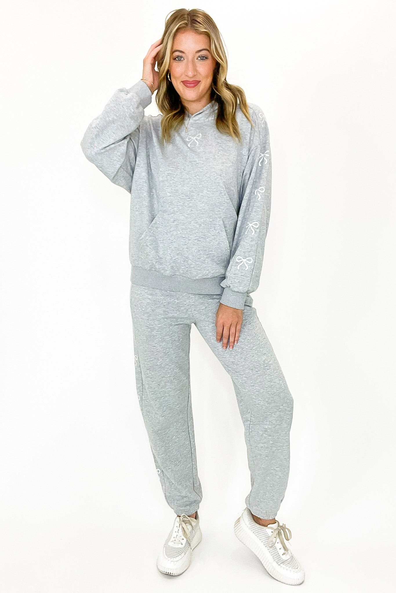 Coquette Comfort Bow Embroidered Hooded Sweatshirt and Jogger Set - Madison and Mallory