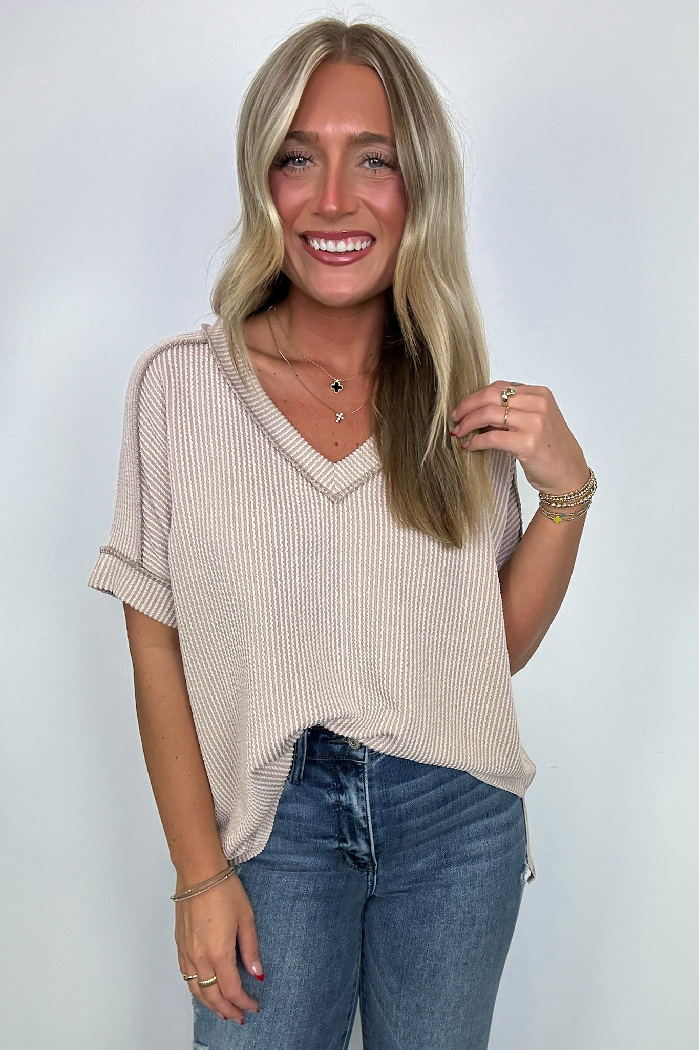 Ash Mocha / SM Cora Rib Knit High Low V-Neck Top - BACK IN STOCK - Madison and Mallory