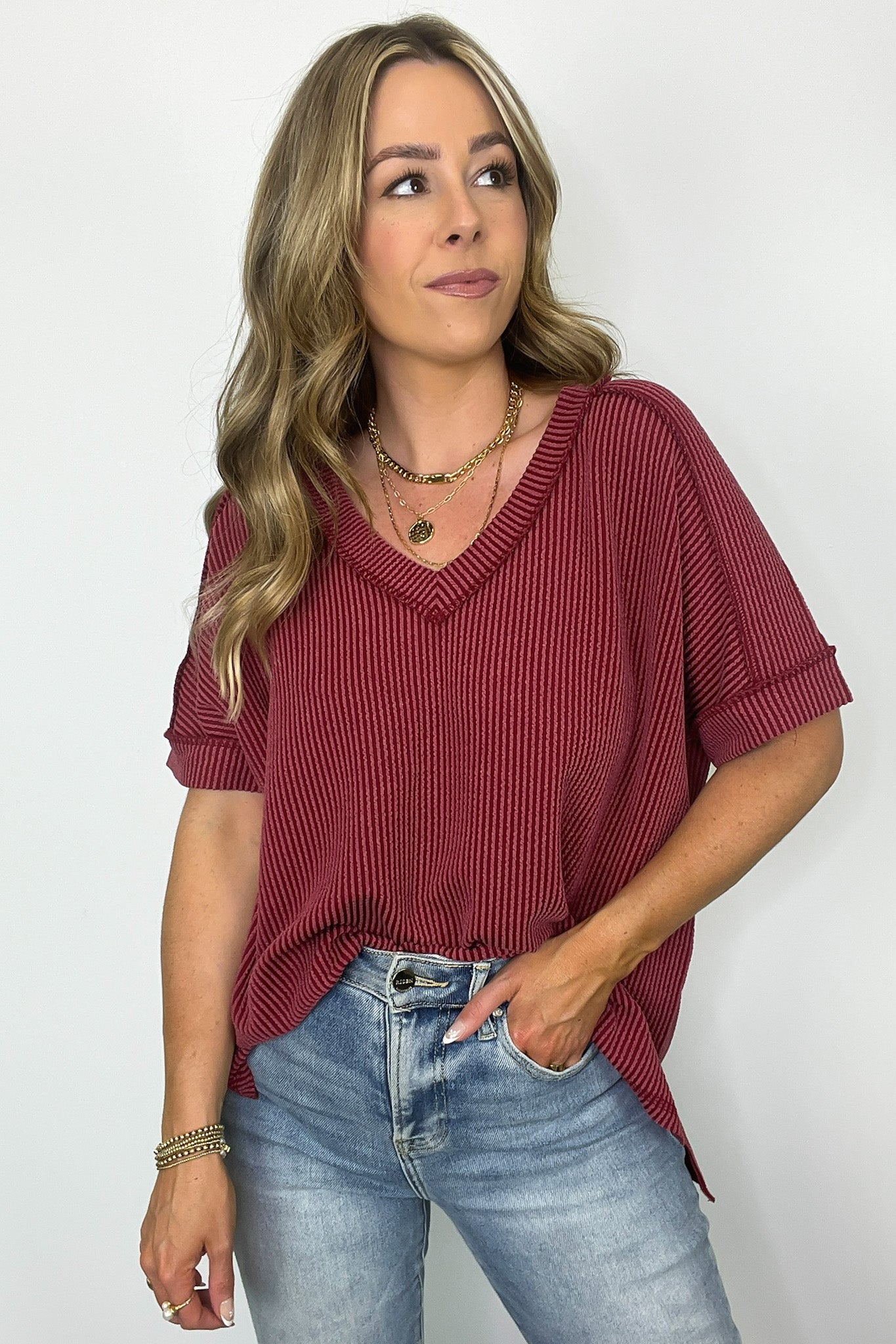 Burgundy / SM Cora Rib Knit High Low V-Neck Top - BACK IN STOCK - Madison and Mallory