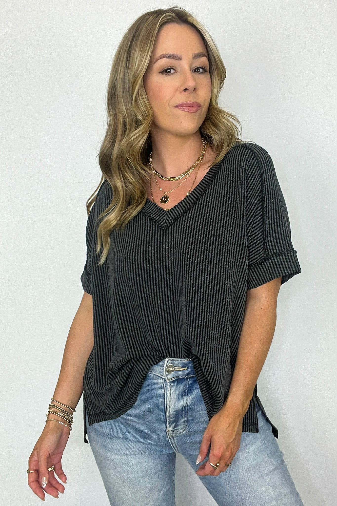 Charcoal / SM Cora Rib Knit High Low V-Neck Top - BACK IN STOCK - Madison and Mallory