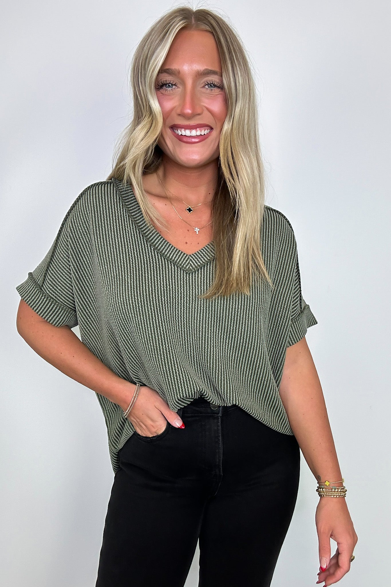 Dark Olive / SM Cora Rib Knit High Low V-Neck Top - BACK IN STOCK - Madison and Mallory