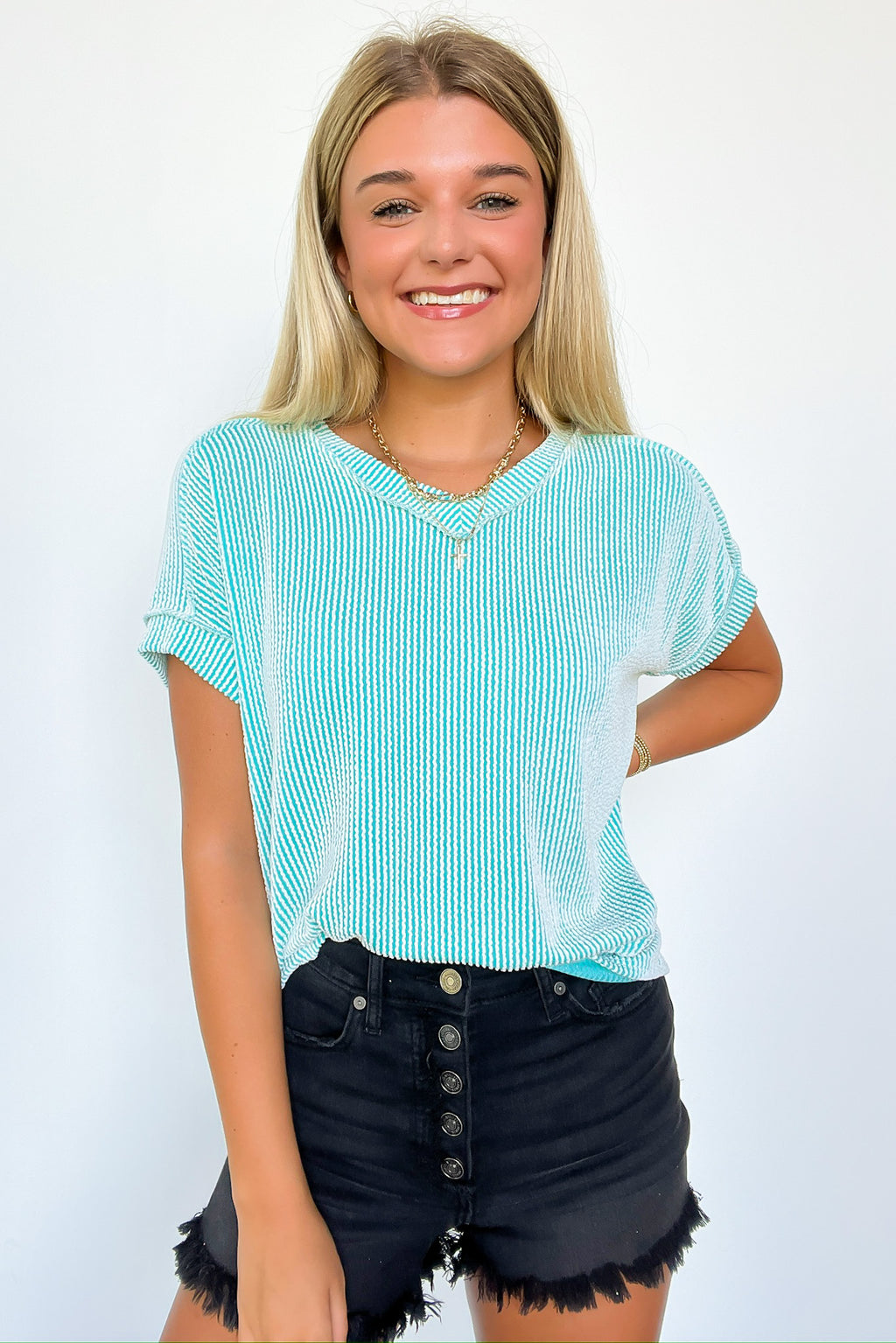 Turquoise / S Cordelia V-Neck Rib Knit Top - FINAL SALE - Madison and Mallory