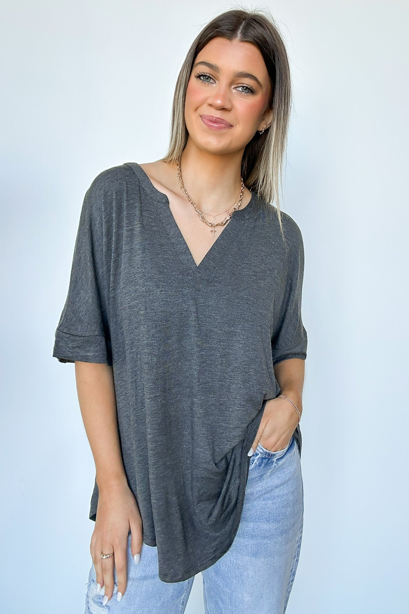 Charcoal / S Cosentino Short Sleeve V-Neck Top - FINAL SALE - Madison and Mallory