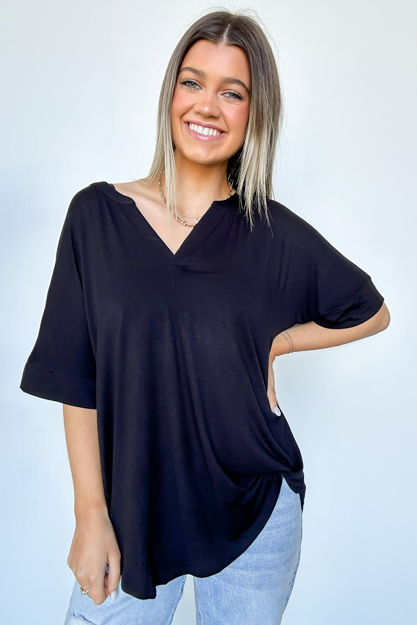 Black / S Cosentino Short Sleeve V-Neck Top - FINAL SALE - Madison and Mallory