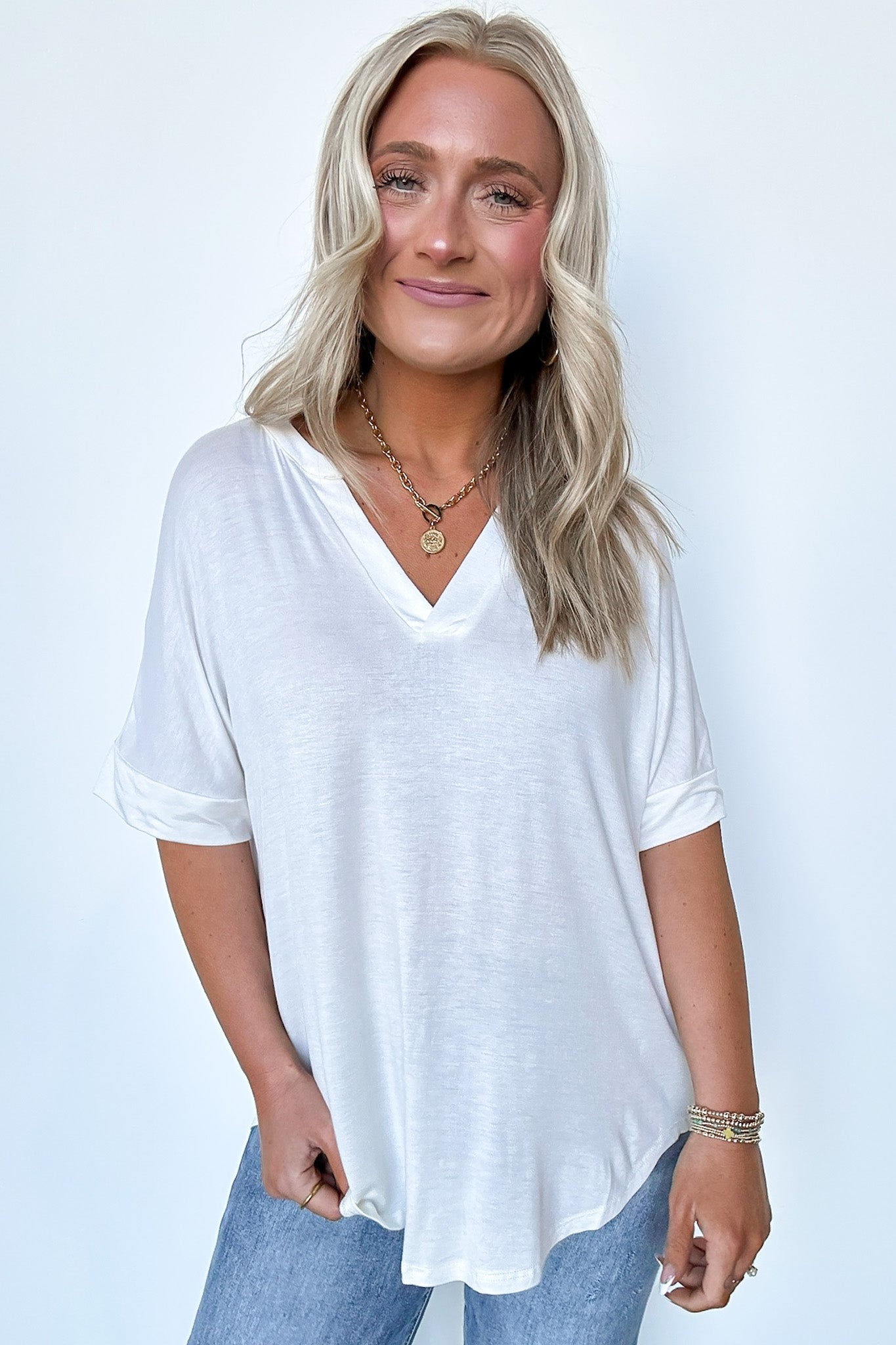 Ivory / S Cosentino Short Sleeve V-Neck Top - FINAL SALE - Madison and Mallory