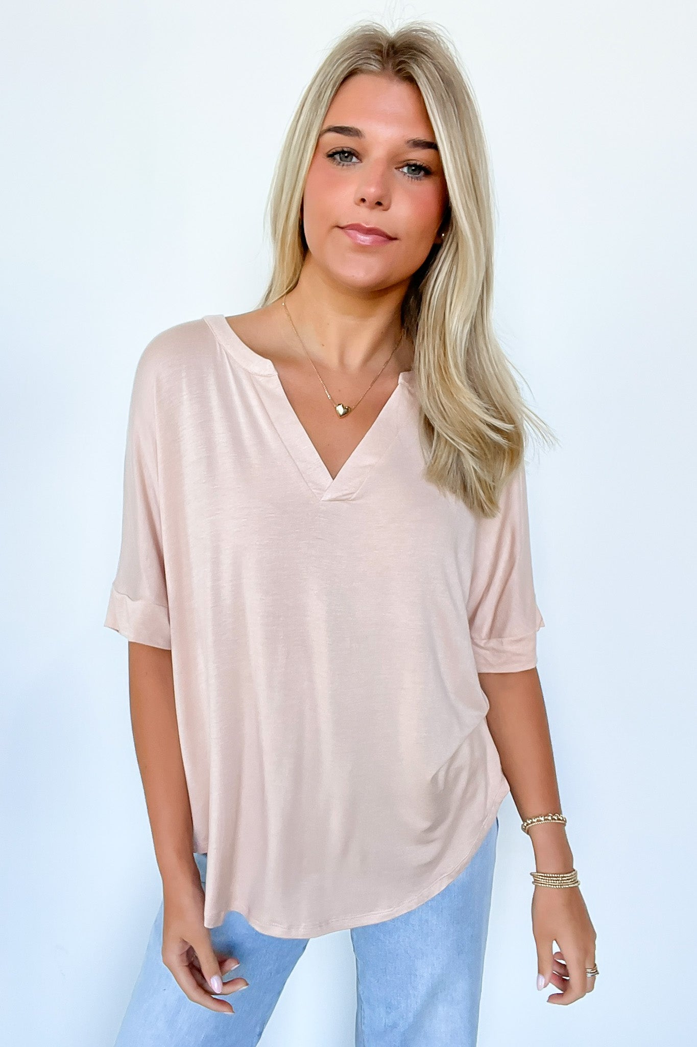 Taupe / S Cosentino Short Sleeve V-Neck Top - FINAL SALE - Madison and Mallory