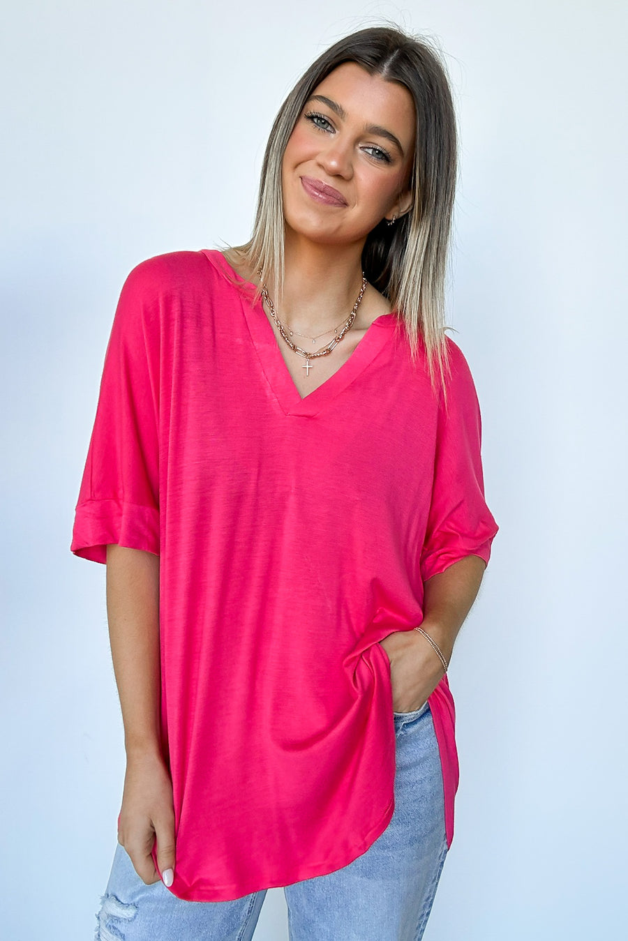 Coral / S Cosentino Short Sleeve V-Neck Top - Madison and Mallory