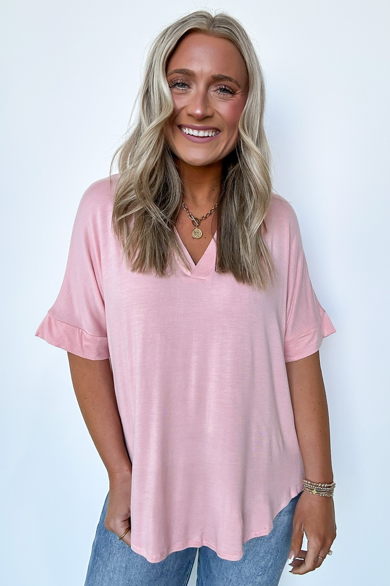 Blush / S Cosentino Short Sleeve V-Neck Top - FINAL SALE - Madison and Mallory