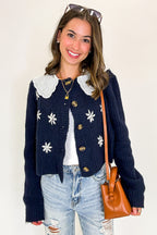 Navy / S Cottage Bloom Floral Knit Collared Cardigan - FINAL SALE - Madison and Mallory