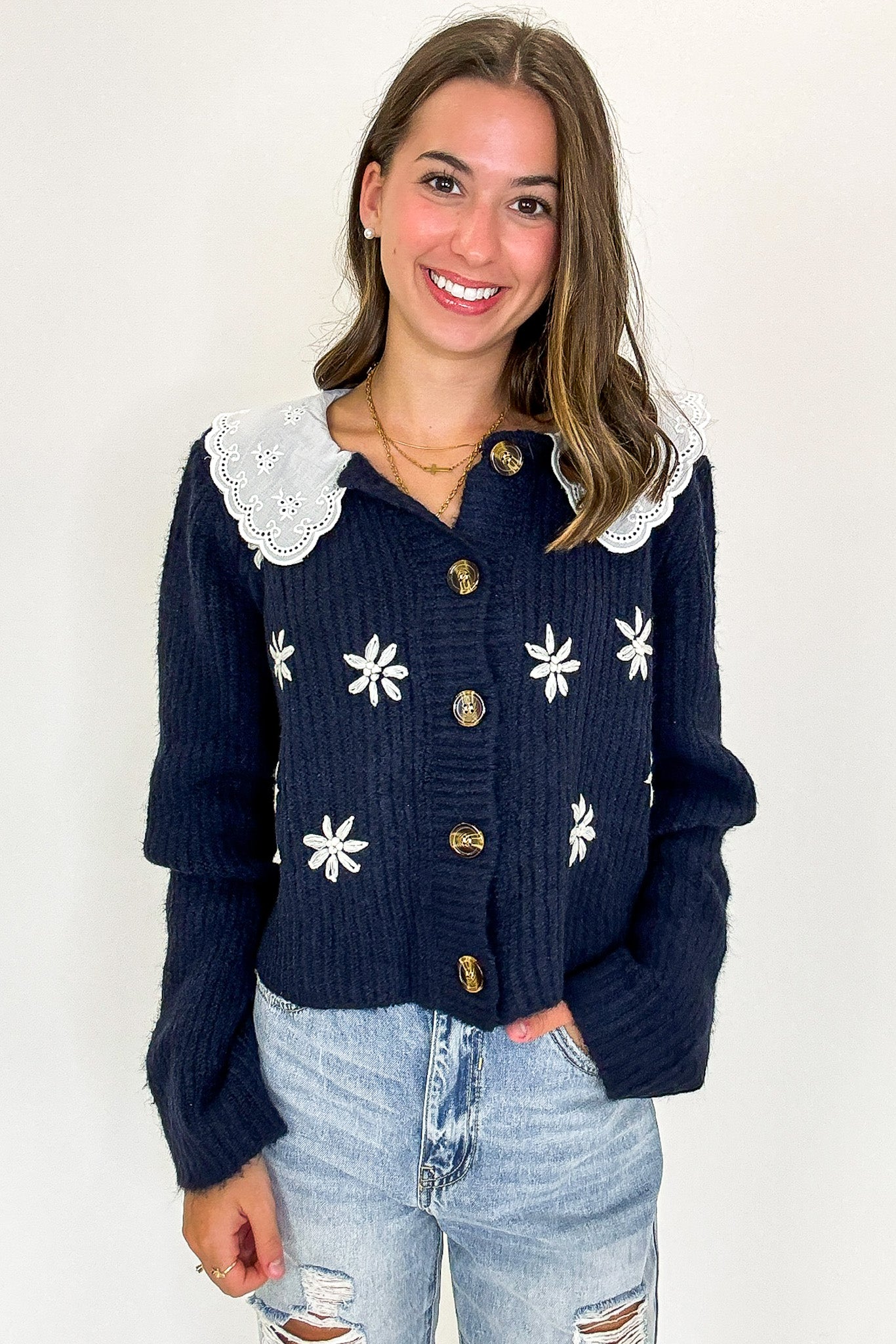 Cottage Bloom Floral Knit Collared Cardigan - Madison and Mallory