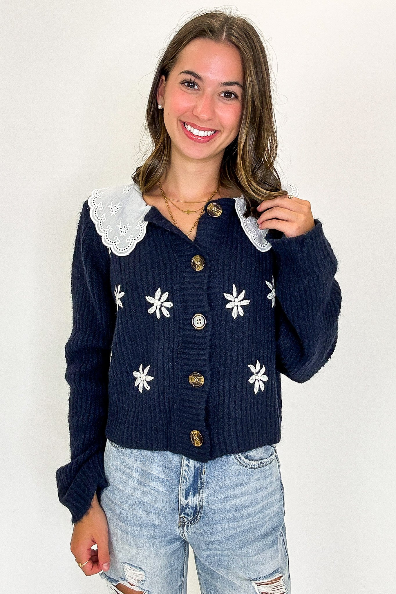 Cottage Bloom Floral Knit Collared Cardigan - Madison and Mallory