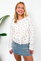 S / Off White Pink Cottage Garden Floral Button-Up Sweater Cardigan - Madison and Mallory