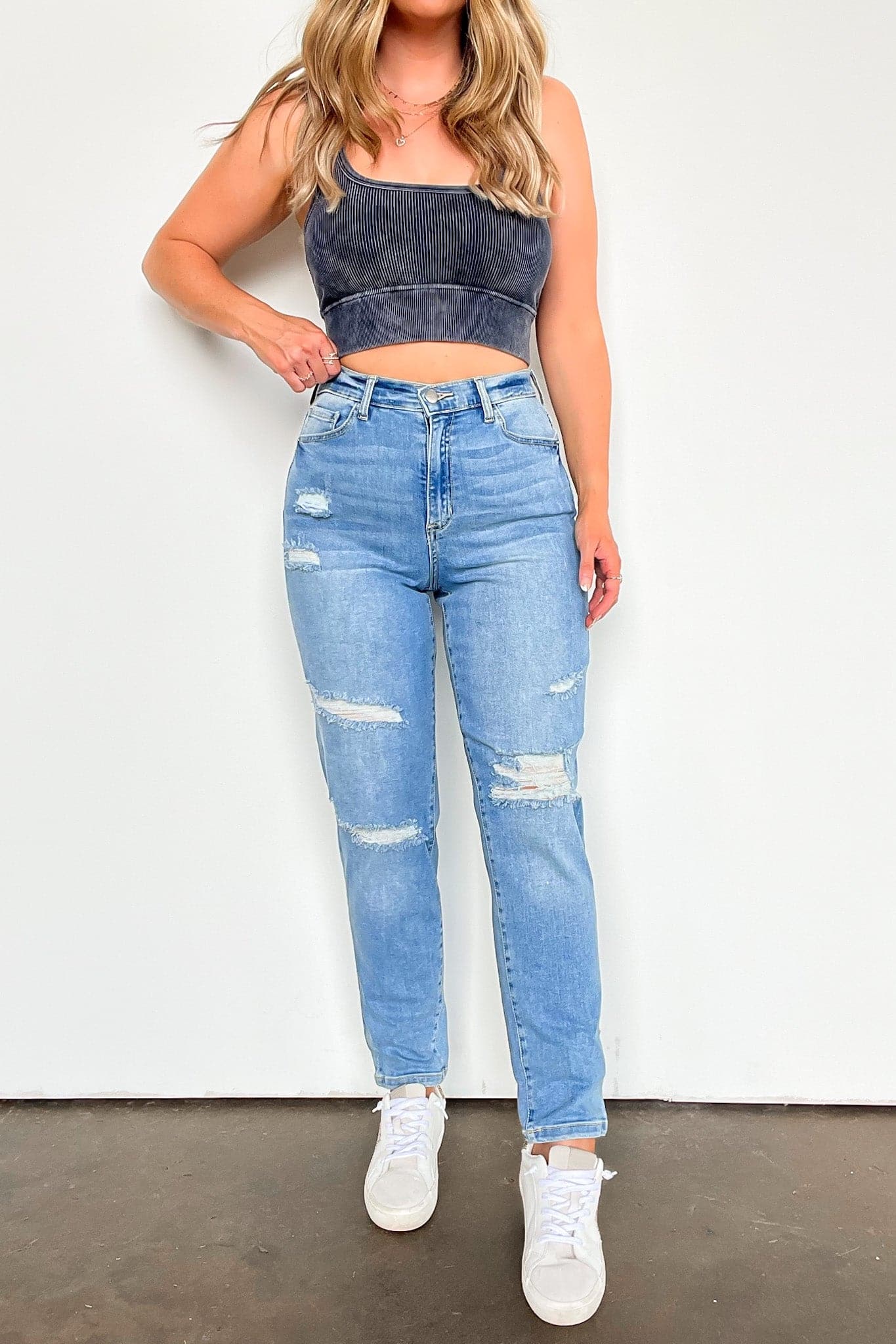 25 / Medium Denim Covella High Rise Distressed Straight Jeans - BACK IN STOCK - Madison and Mallory