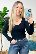 Black / S Coy Charm Ribbed Button Down Sweater - FINAL SALE - Madison and Mallory