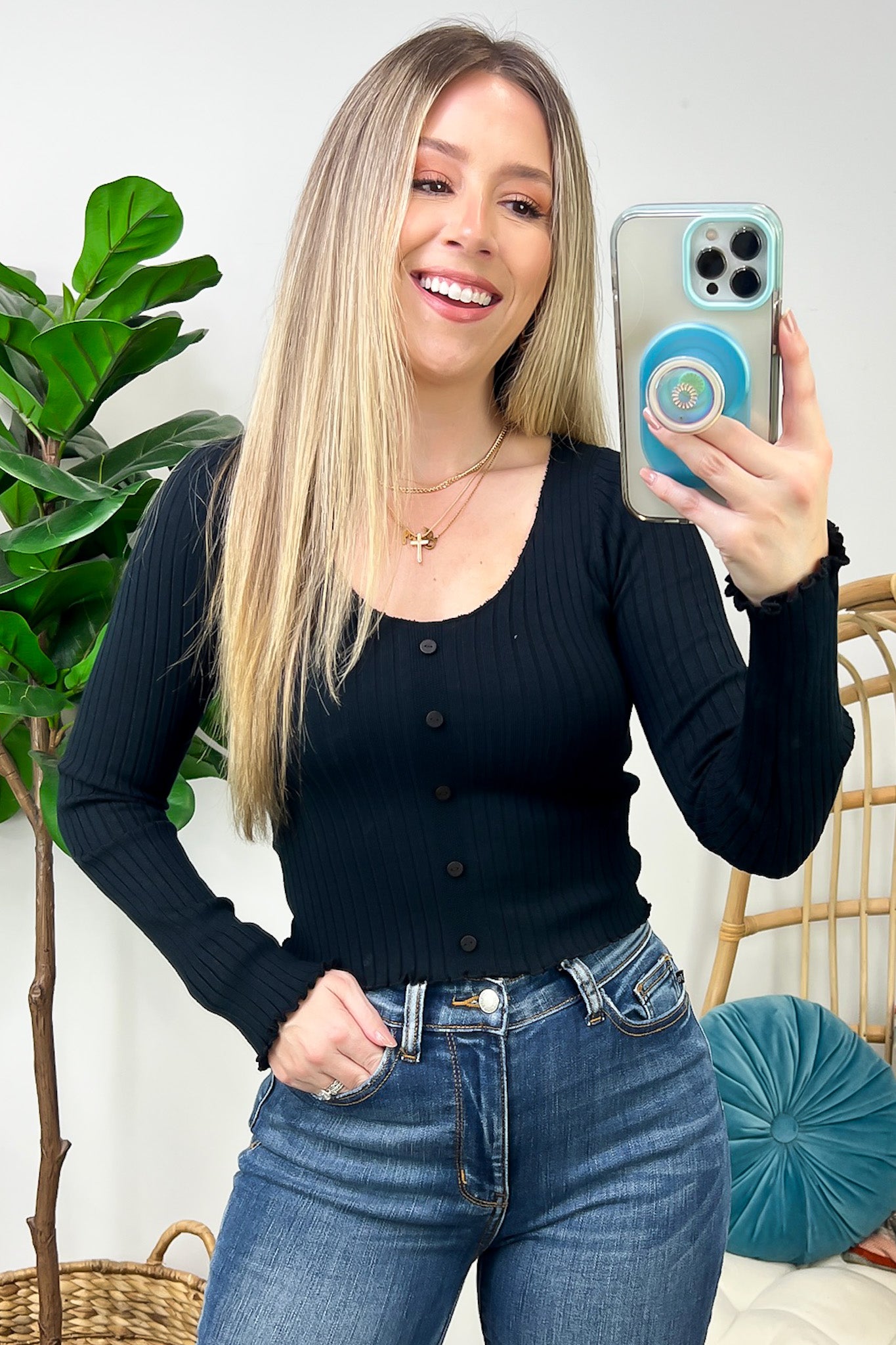 Black / S Coy Charm Ribbed Button Down Sweater - FINAL SALE - Madison and Mallory