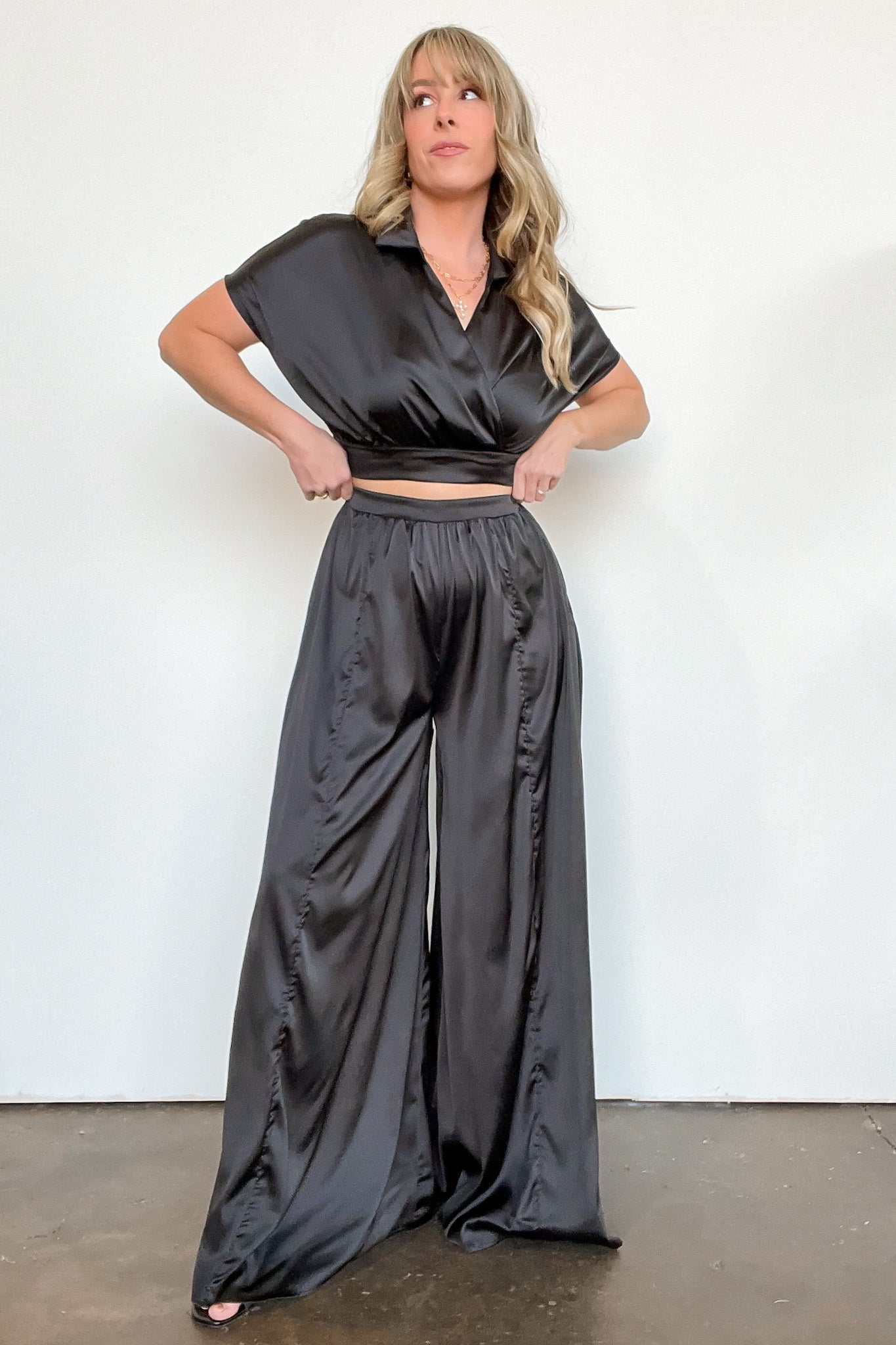 Black / S Coy Perfection Flowy Satin Wide Leg Pants - Madison and Mallory
