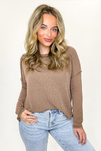 Brown / SM Coy Cutie Textured Raw Edge Boat Neck Top - BACK IN STOCK - Madison and Mallory