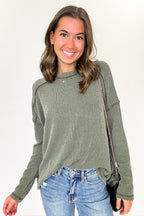 Dark Olive / SM Coy Cutie Textured Raw Edge Boat Neck Top - BACK IN STOCK - Madison and Mallory