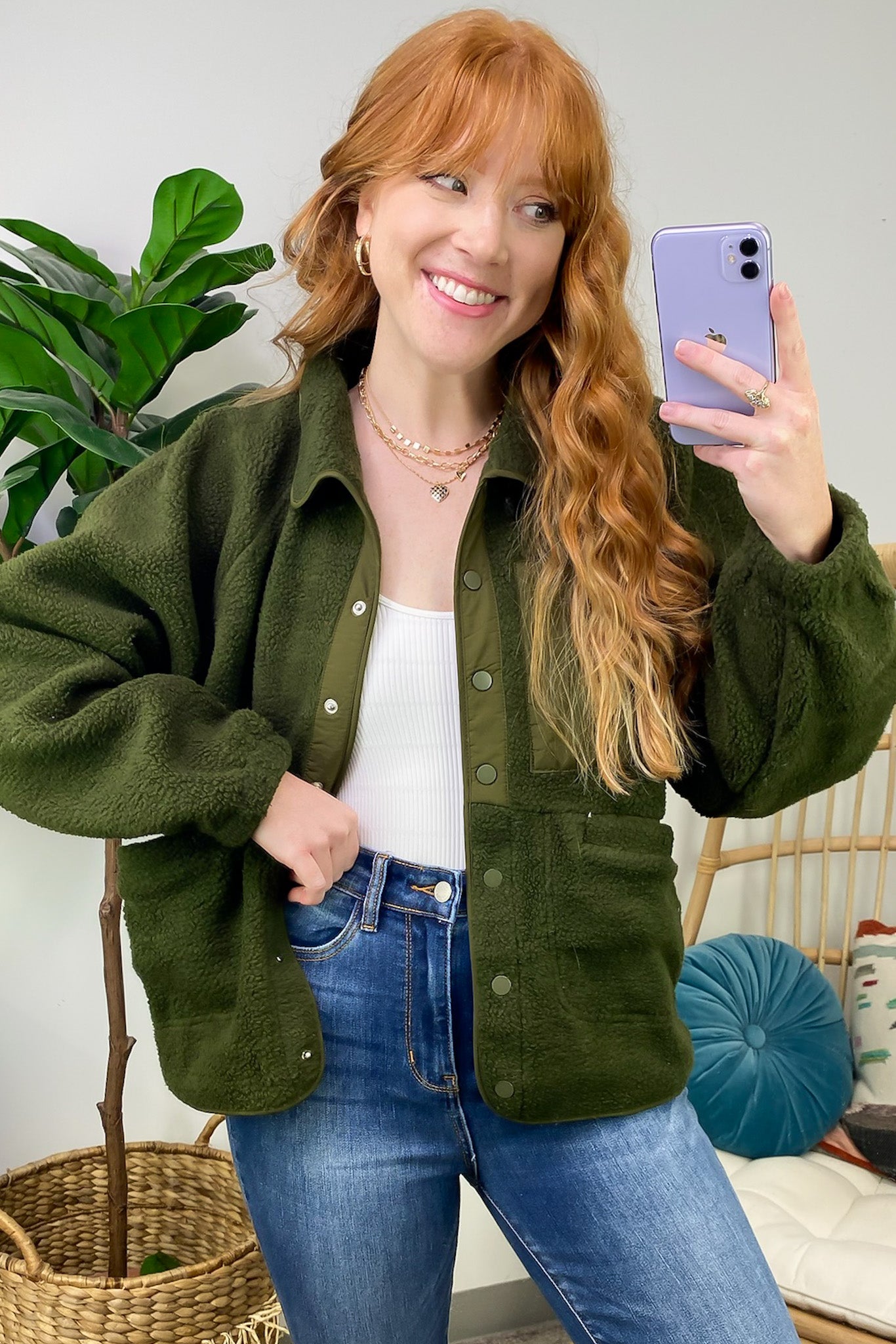 Dark Olive / S Coziest Option Fleece Snap Button Jacket - Madison and Mallory