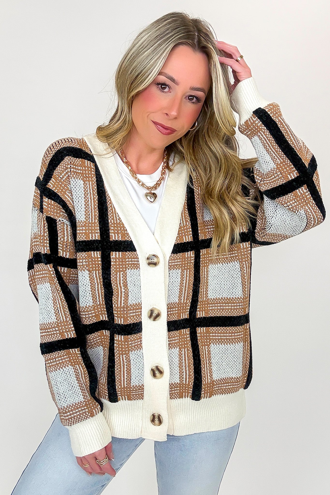 Cozy Check Plaid Boyfriend Cardigan