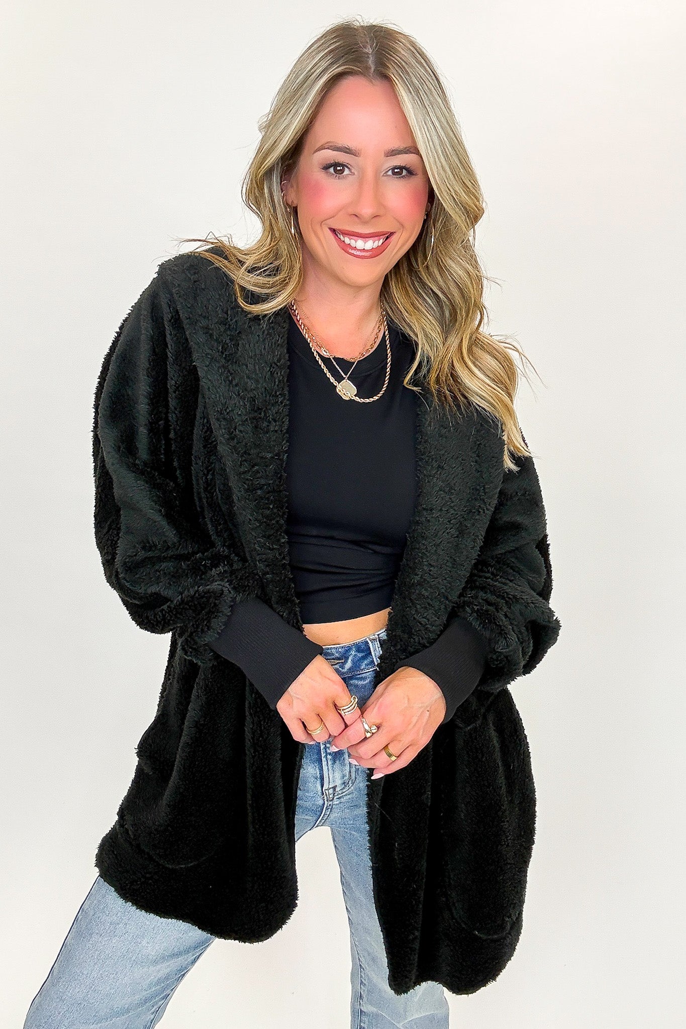 Cozy Crest Hooded Faux Fur Jacket