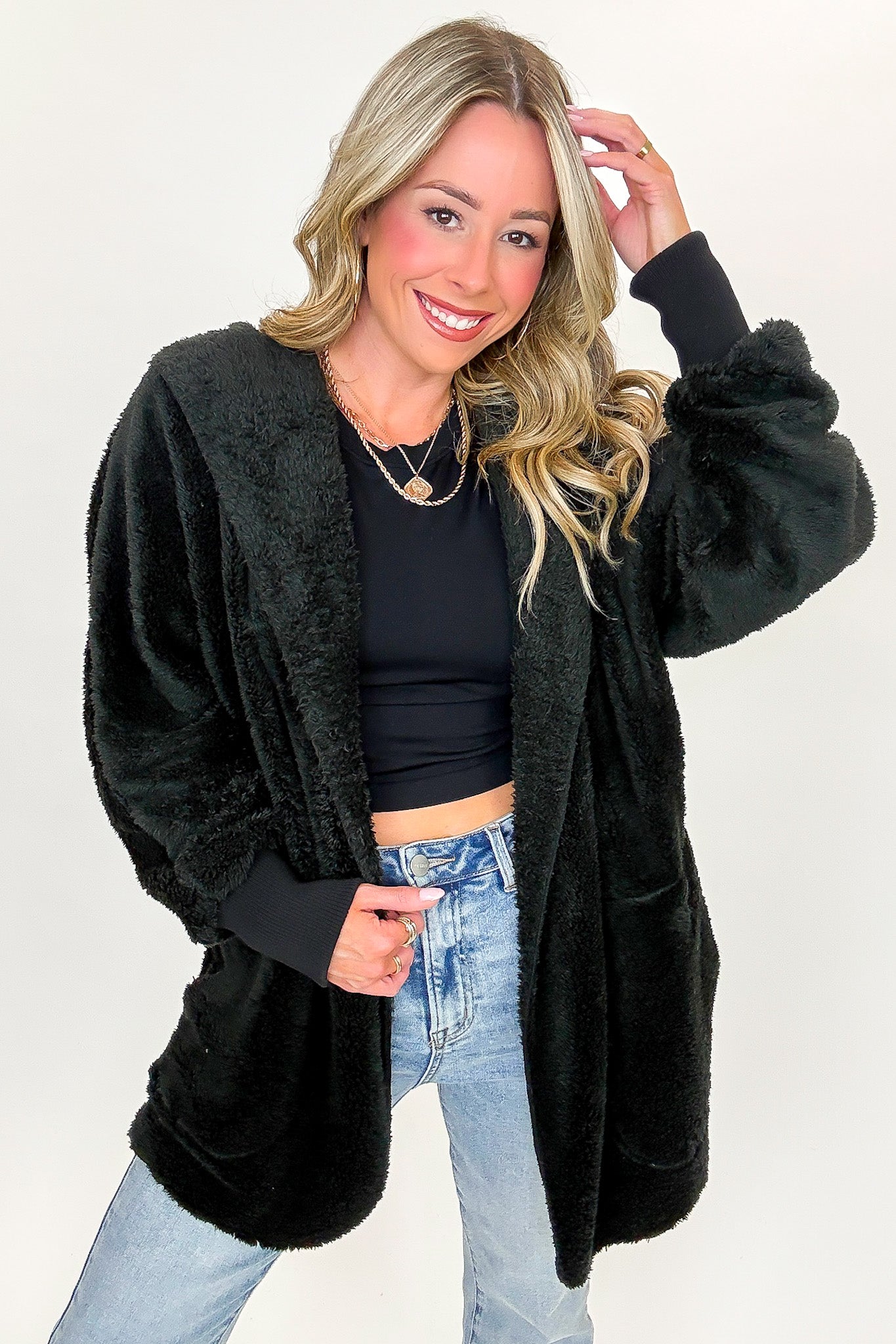 Cozy Crest Hooded Faux Fur Jacket