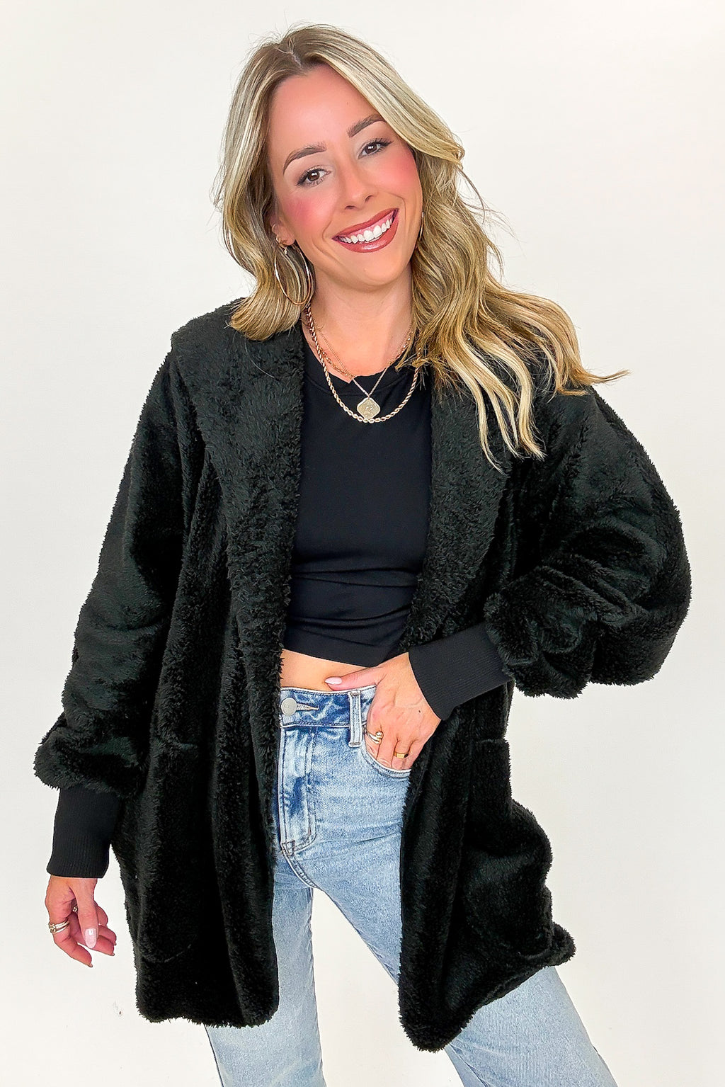 Black / SM Cozy Crest Hooded Faux Fur Jacket - FINAL SALE - Madison and Mallory