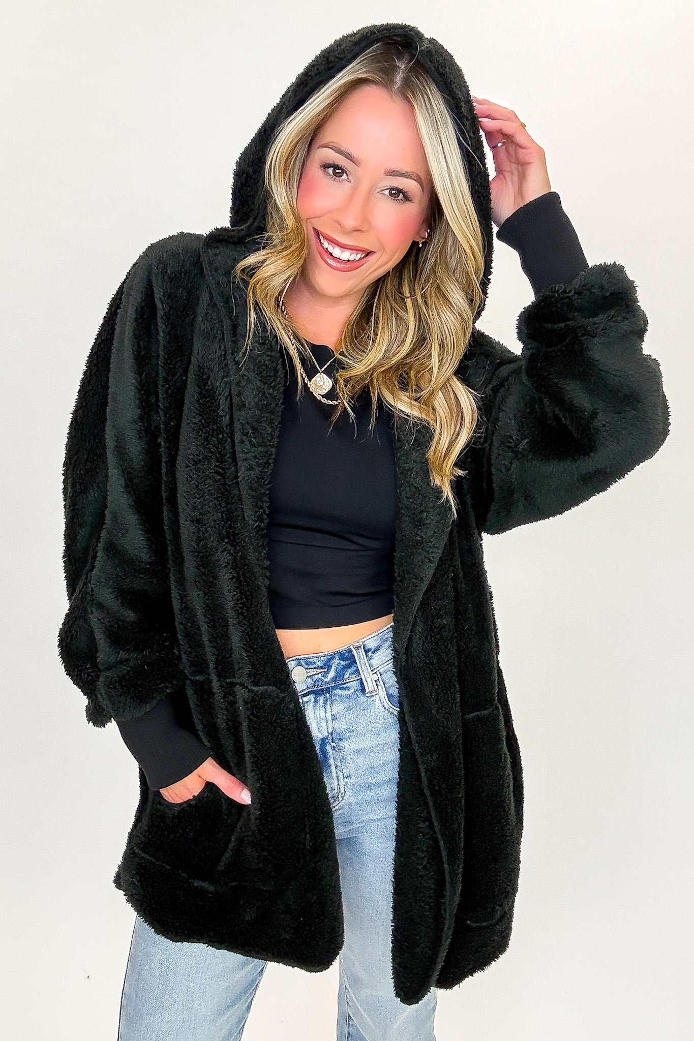 Cozy Crest Hooded Faux Fur Jacket