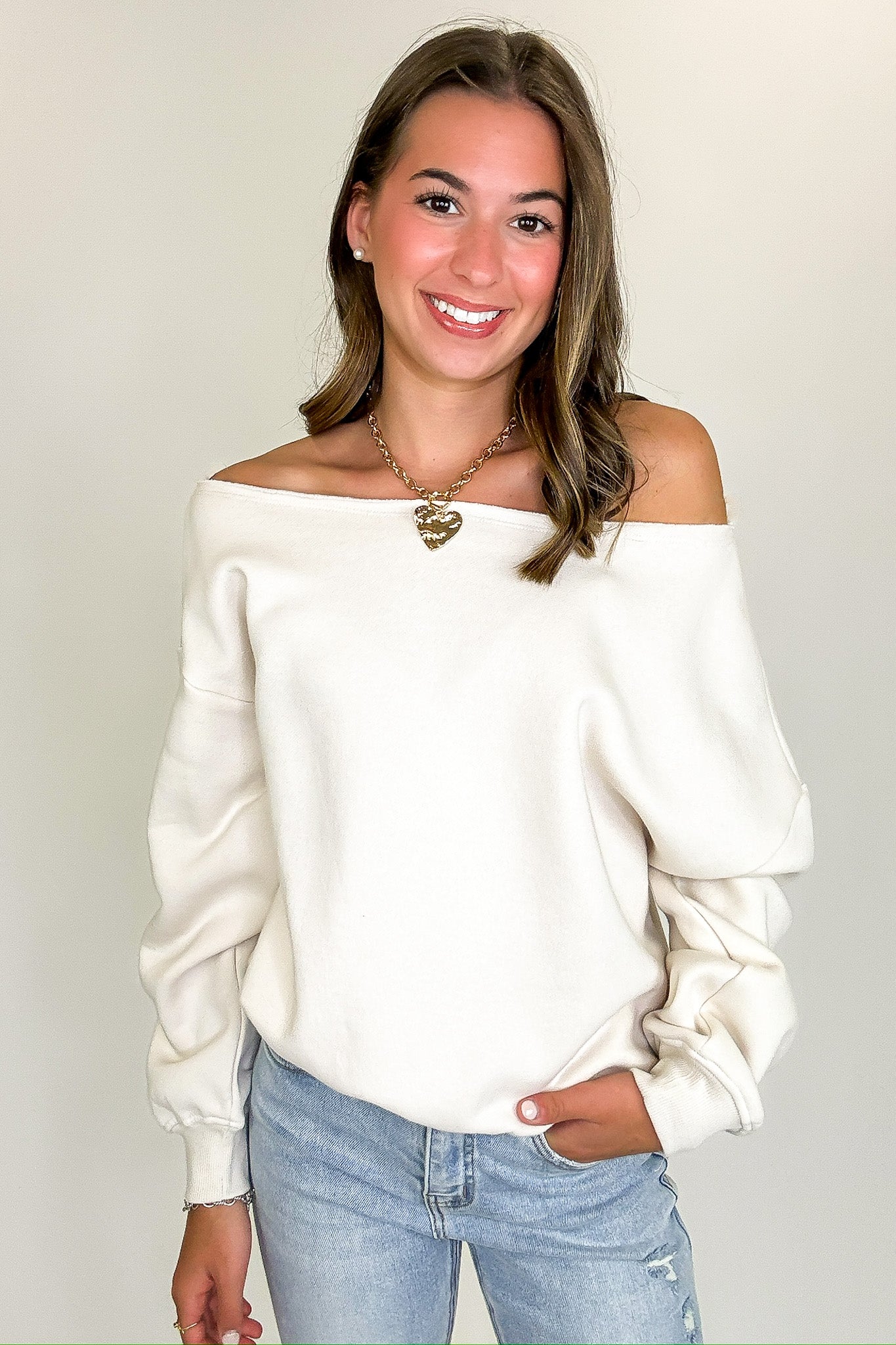 Cozy Drape French Terry Fleece Off Shoulder Sweatshirt - Madison and Mallory