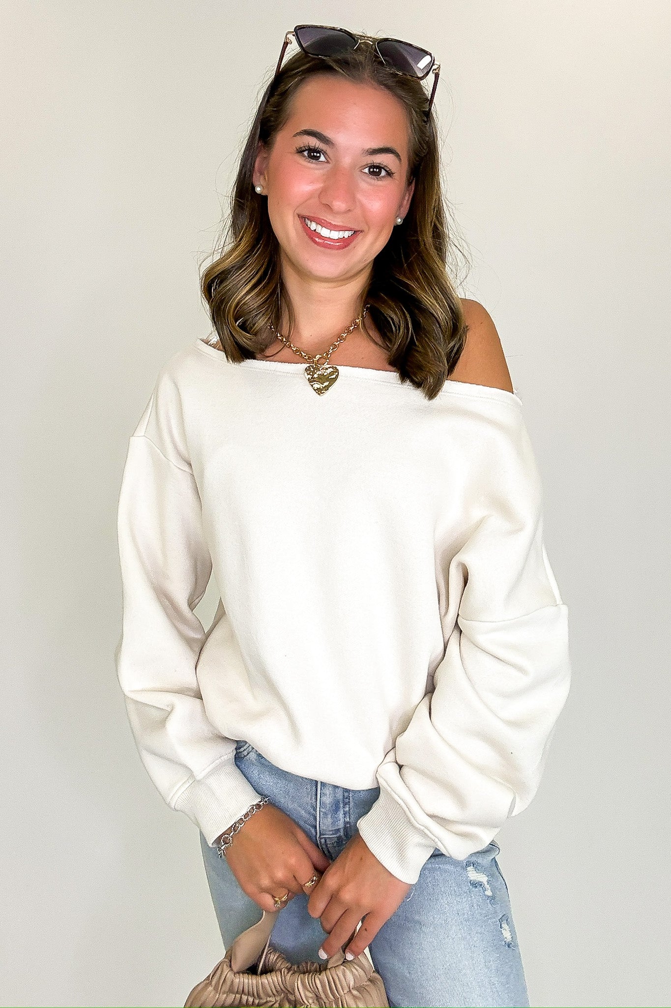 Bone / S Cozy Drape French Terry Fleece Off Shoulder Sweatshirt - Madison and Mallory