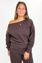 Espresso / S Cozy Drape French Terry Fleece Off Shoulder Sweatshirt - FINAL SALE - Madison and Mallory