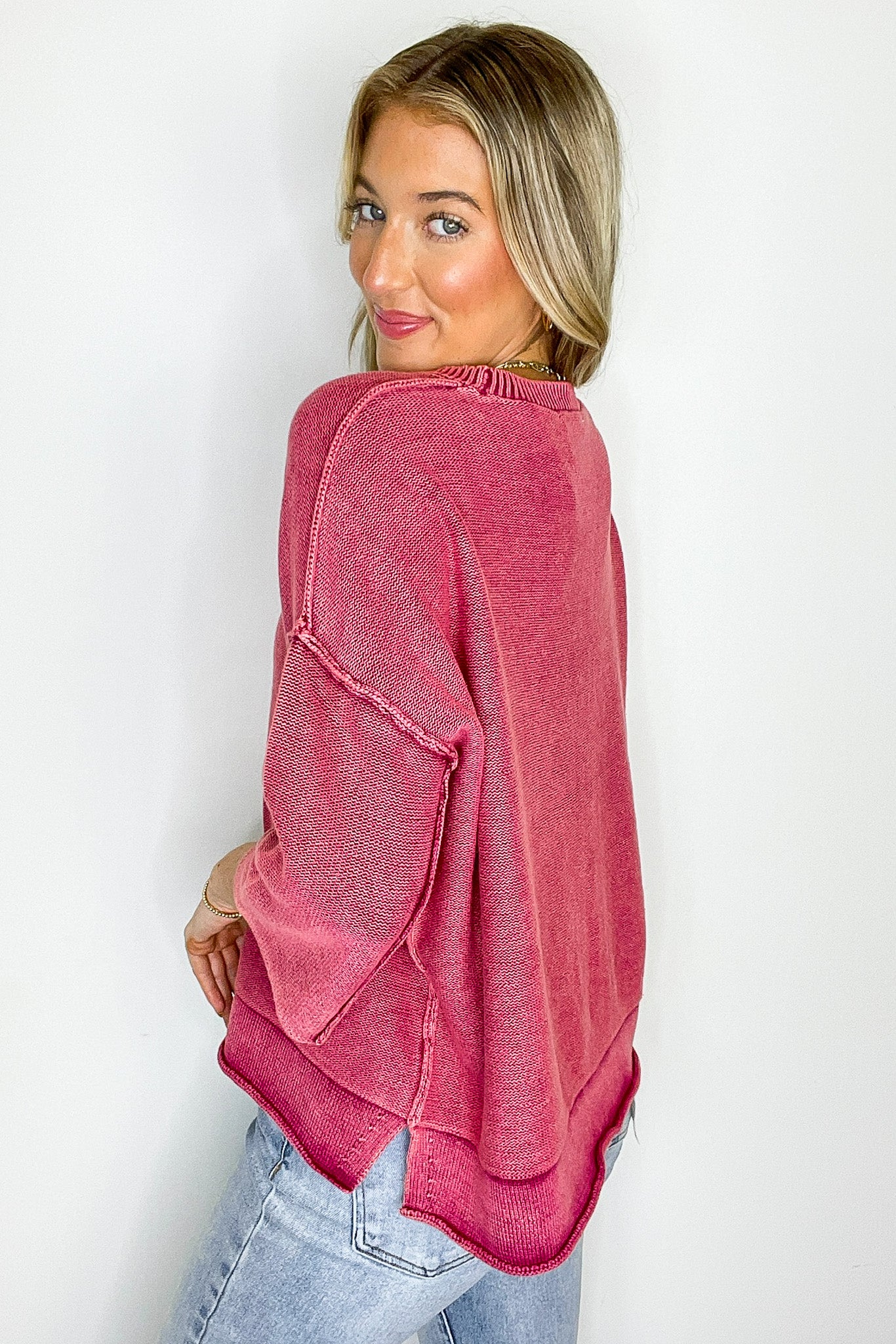Cozy Fade Washed 3/4 Sleeve Relaxed Sweater - Madison and Mallory