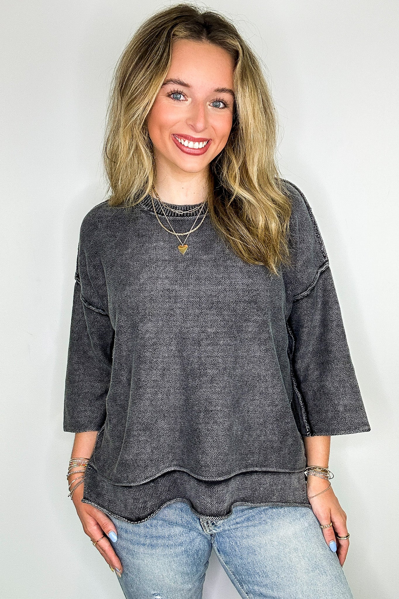 Black / S Cozy Fade Washed 3/4 Sleeve Relaxed Sweater - Madison and Mallory