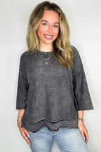 Black / S Cozy Fade Washed 3/4 Sleeve Relaxed Sweater - Madison and Mallory