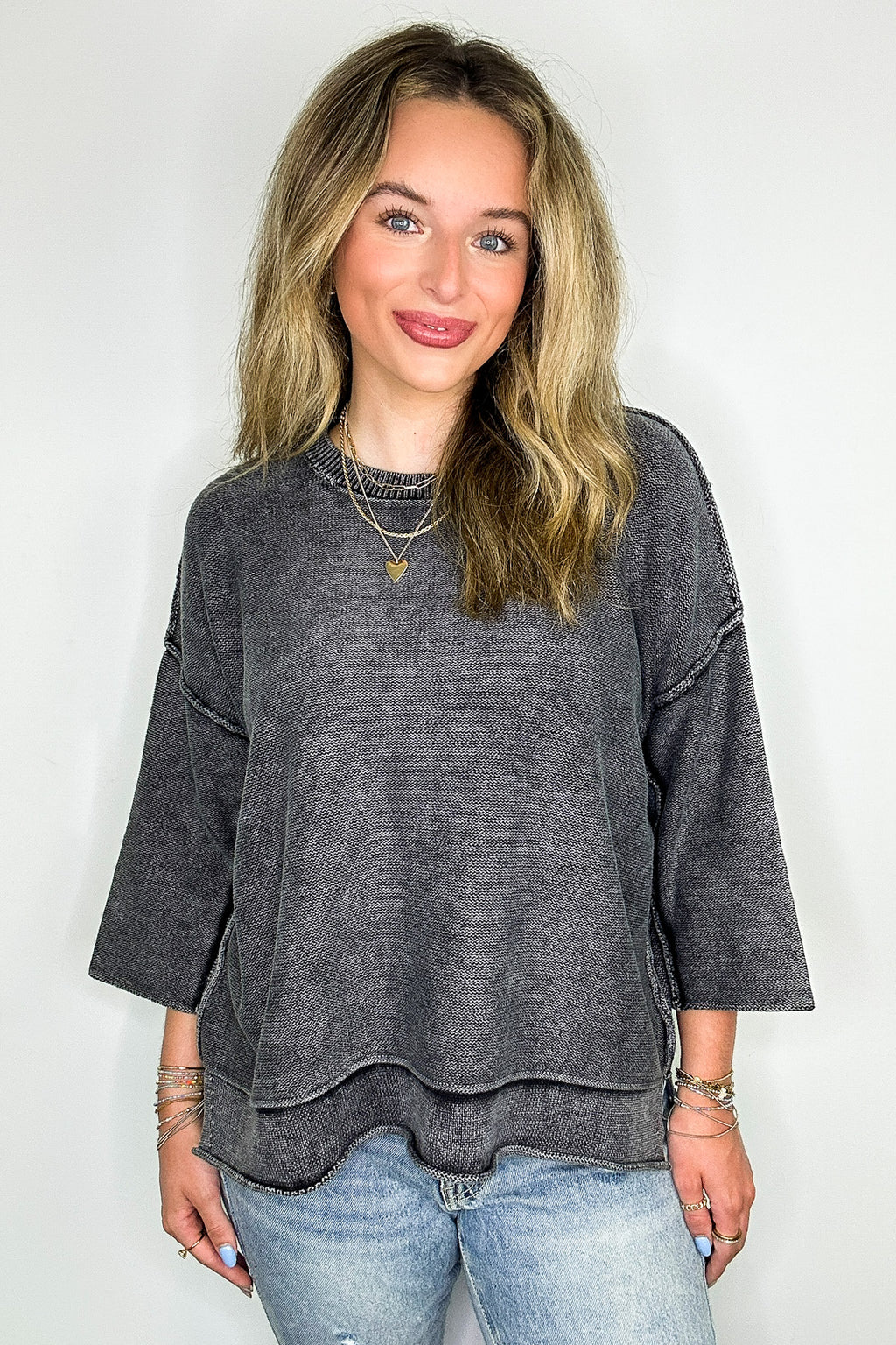 Cozy Fade Washed 3/4 Sleeve Relaxed Sweater - Madison and Mallory