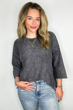 Cozy Fade Washed 3/4 Sleeve Relaxed Sweater - Madison and Mallory
