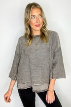 Brown / S Cozy Fade Washed 3/4 Sleeve Relaxed Sweater - Madison and Mallory