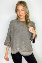 Cozy Fade Washed 3/4 Sleeve Relaxed Sweater - Madison and Mallory
