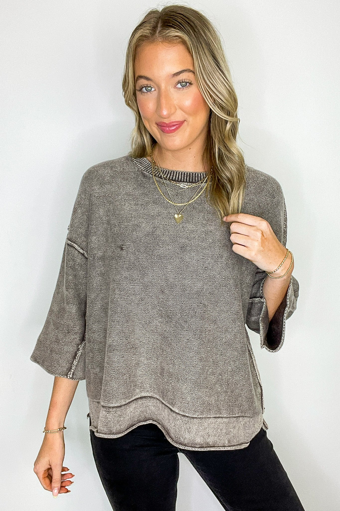 Cozy Fade Washed 3/4 Sleeve Relaxed Sweater - Madison and Mallory