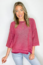 Cozy Fade Washed 3/4 Sleeve Relaxed Sweater - Madison and Mallory