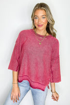 Cozy Fade Washed 3/4 Sleeve Relaxed Sweater - Madison and Mallory