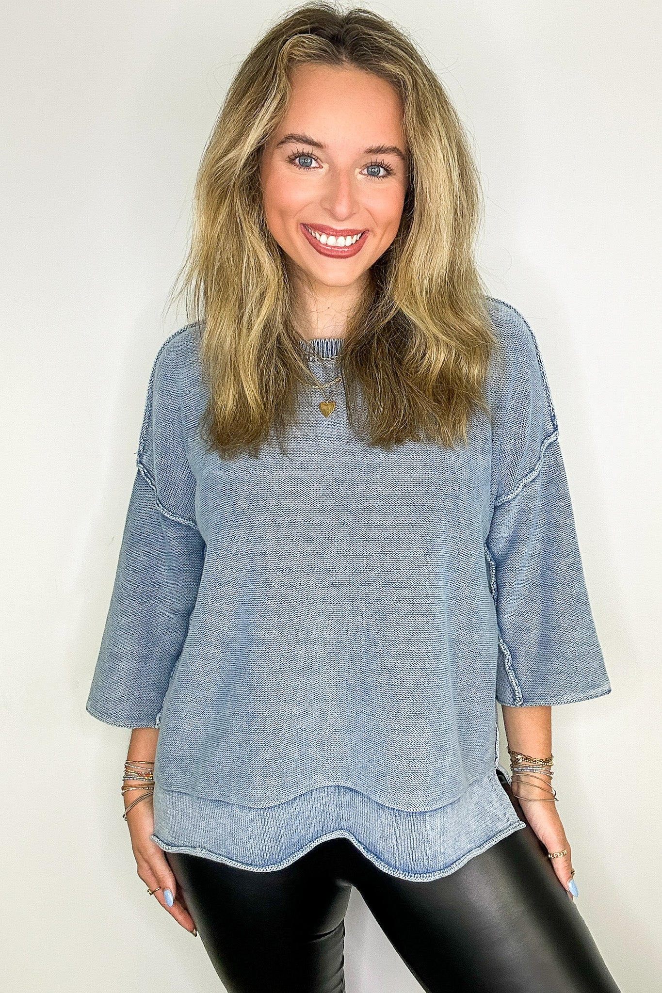 Cozy Fade Washed 3/4 Sleeve Relaxed Sweater - Madison and Mallory