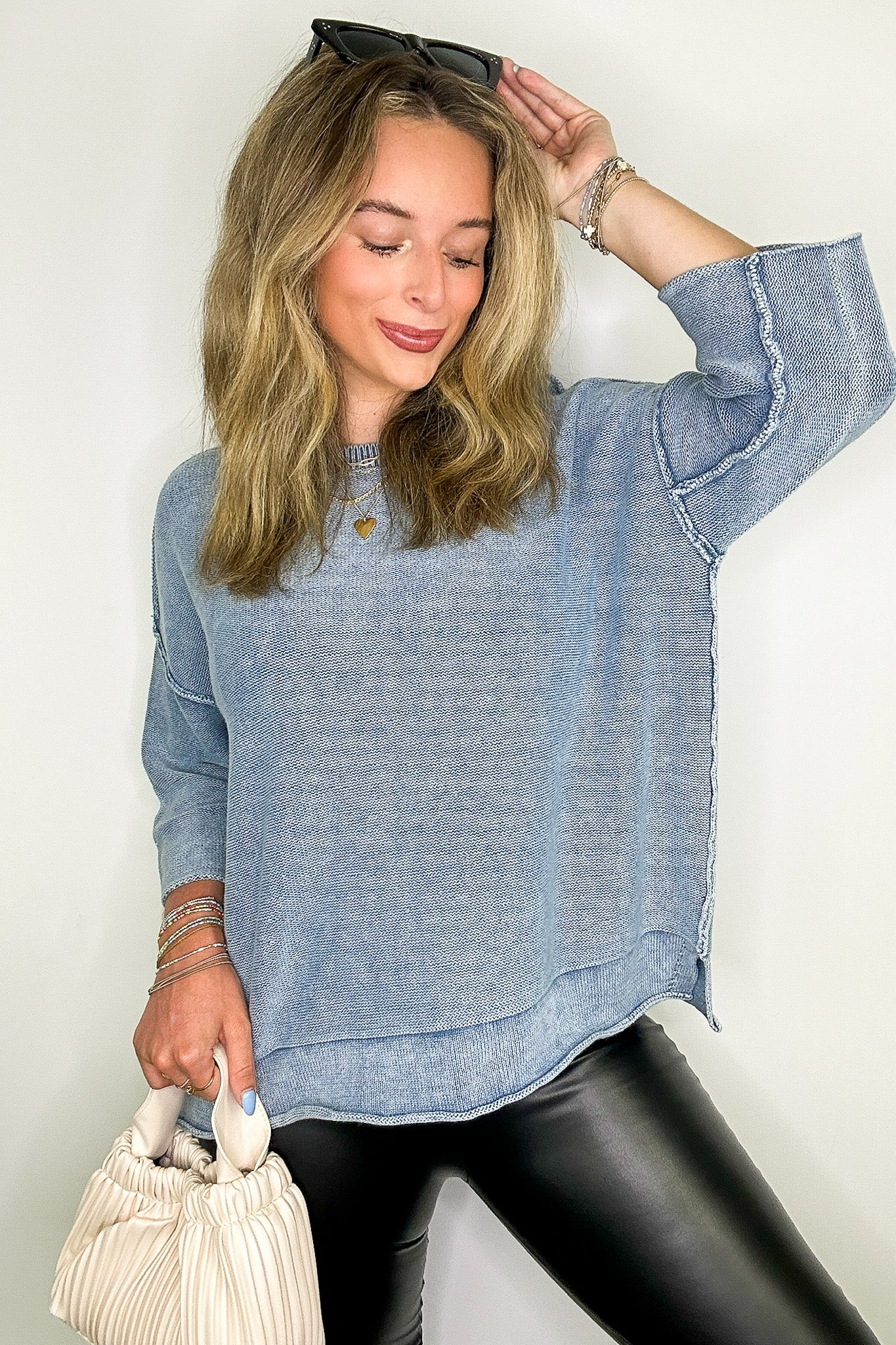 Dusty Blue / S Cozy Fade Washed 3/4 Sleeve Relaxed Sweater - Madison and Mallory